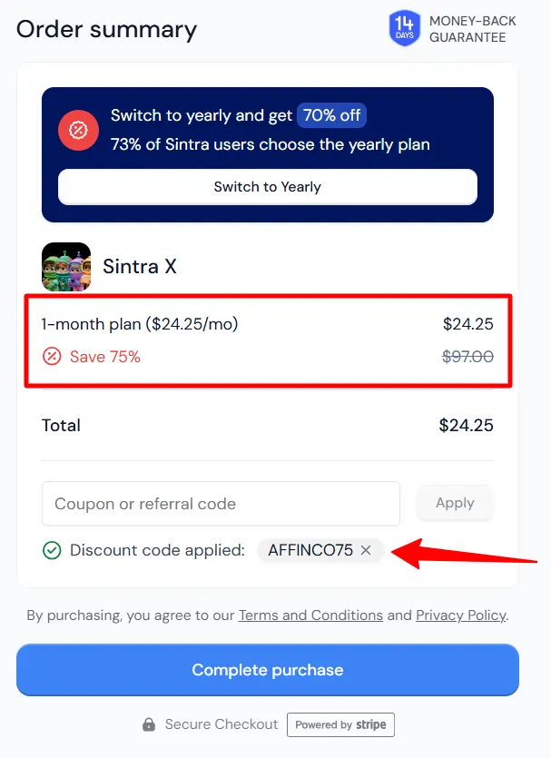 Applying Sintra AI Coupon Code At Checkout