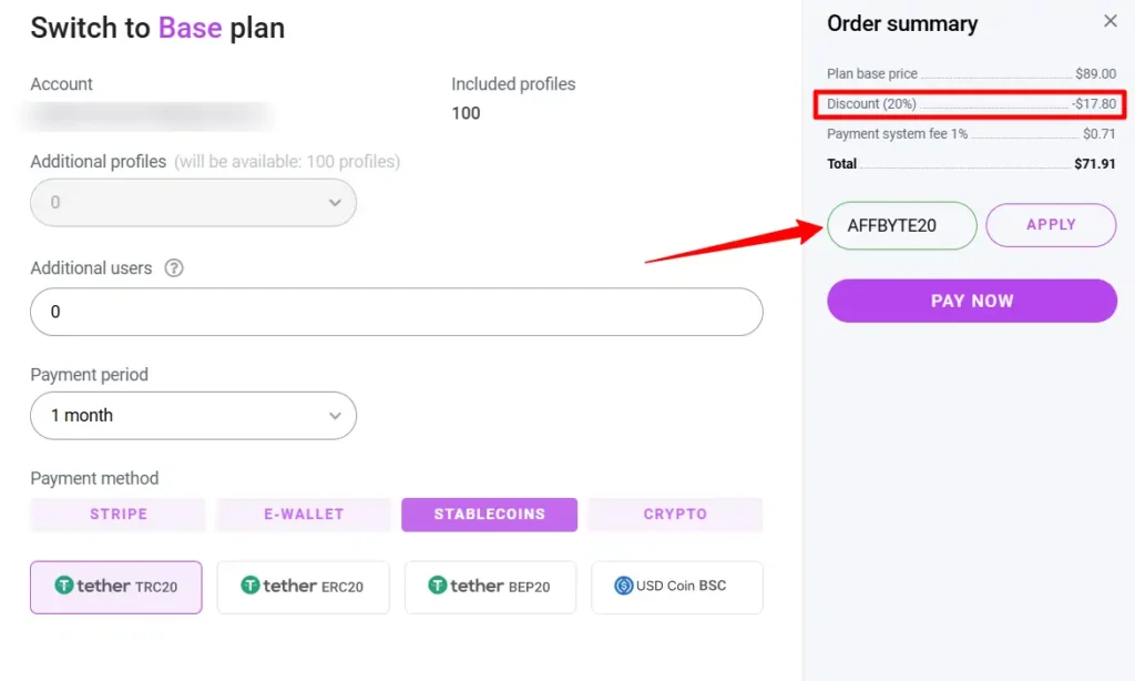 Entering Dolphin Anty coupon code AFFBYTE20 at checkout page