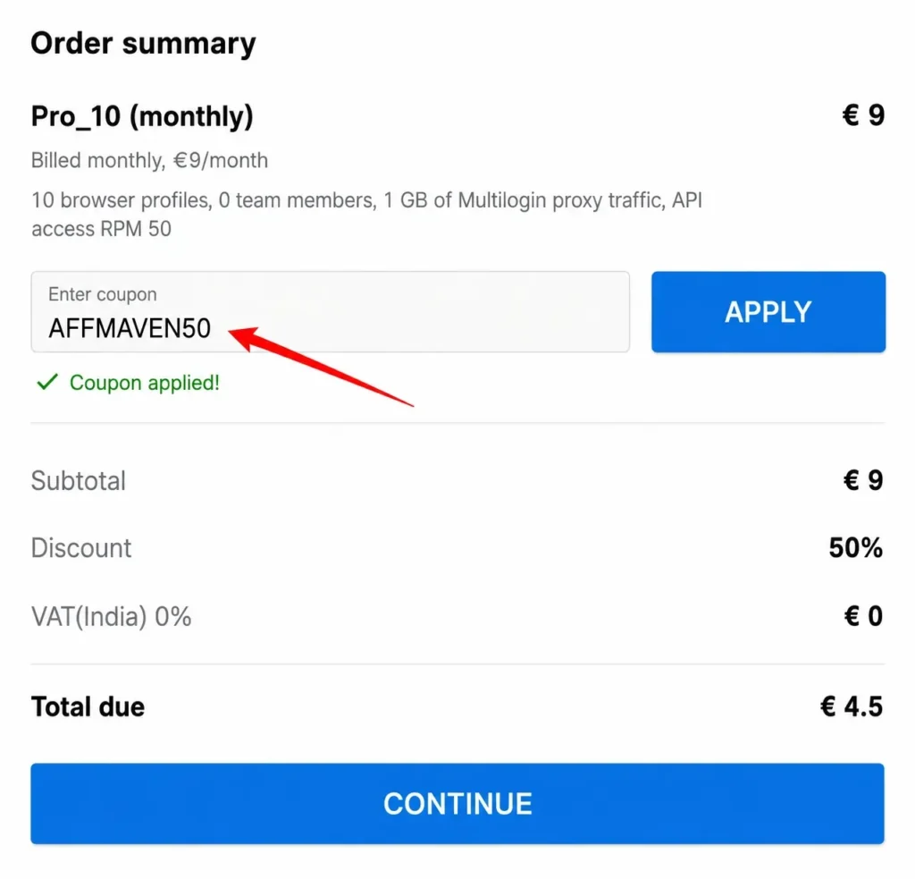 Enter the Coupon code on MultiLogin