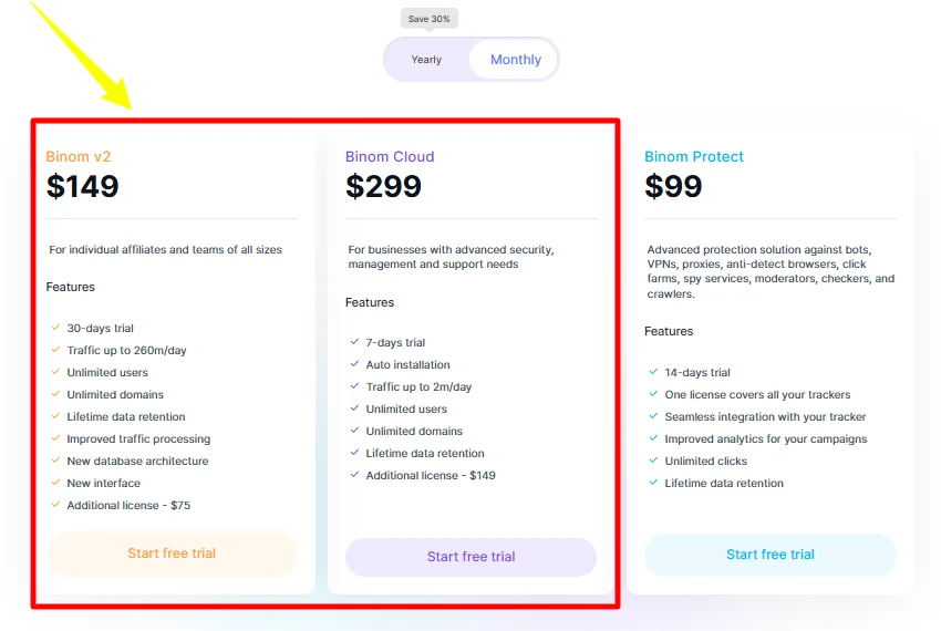 Pick Binom v2 or Binom Cloud pricing plan of Binom