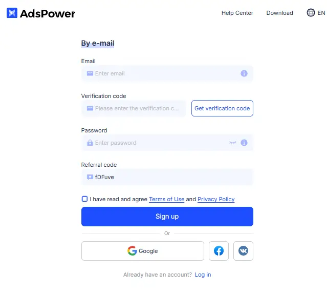 Sign Up On AdsPower