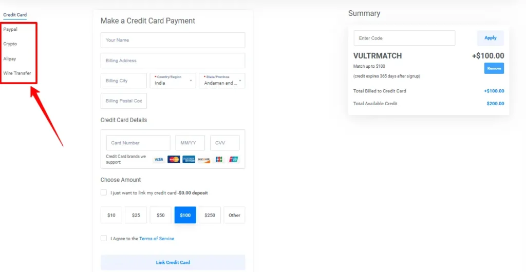 Add a payment method Vultr