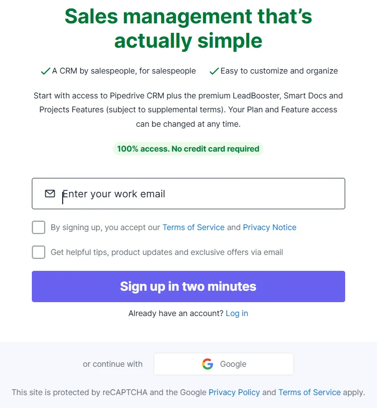 Create Pipedrive free account