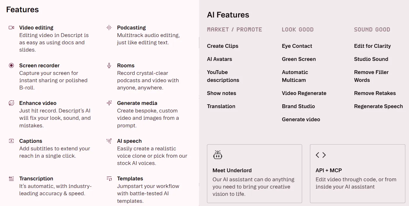 Descript Features