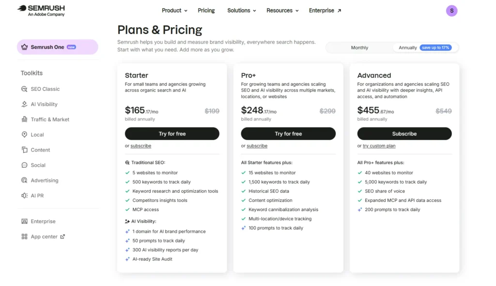 One pricing Plans Semrush