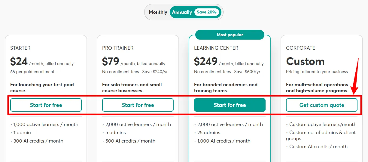 Pick pricing tier in LearnWorlds