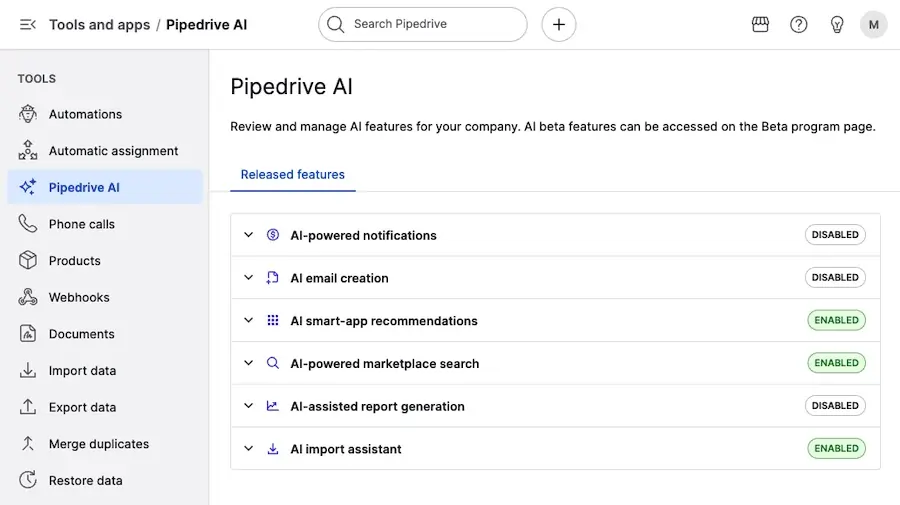 Pipedrive AI dashboard