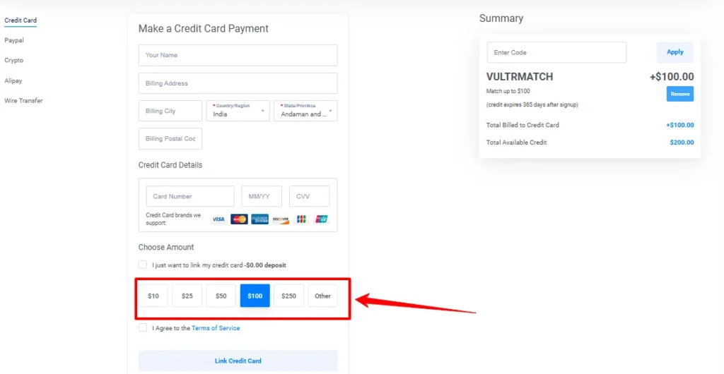 Select Credit Amount Vultr