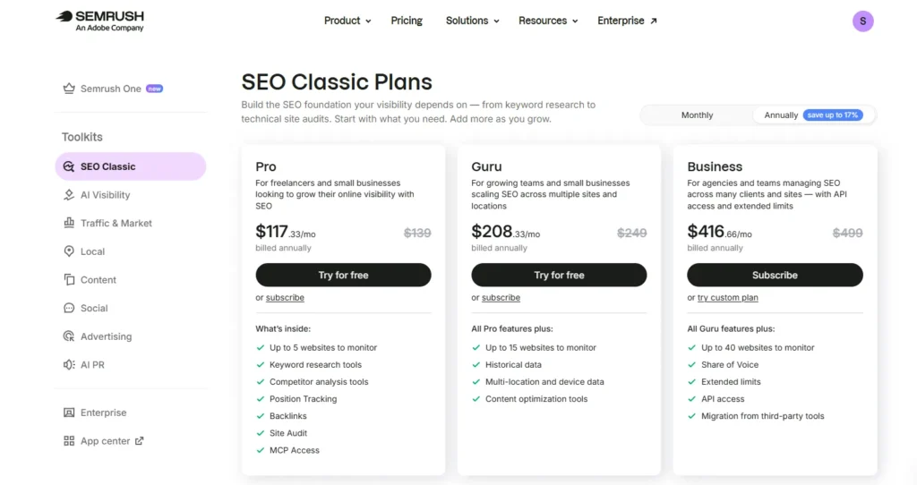 Semrush Classic plans